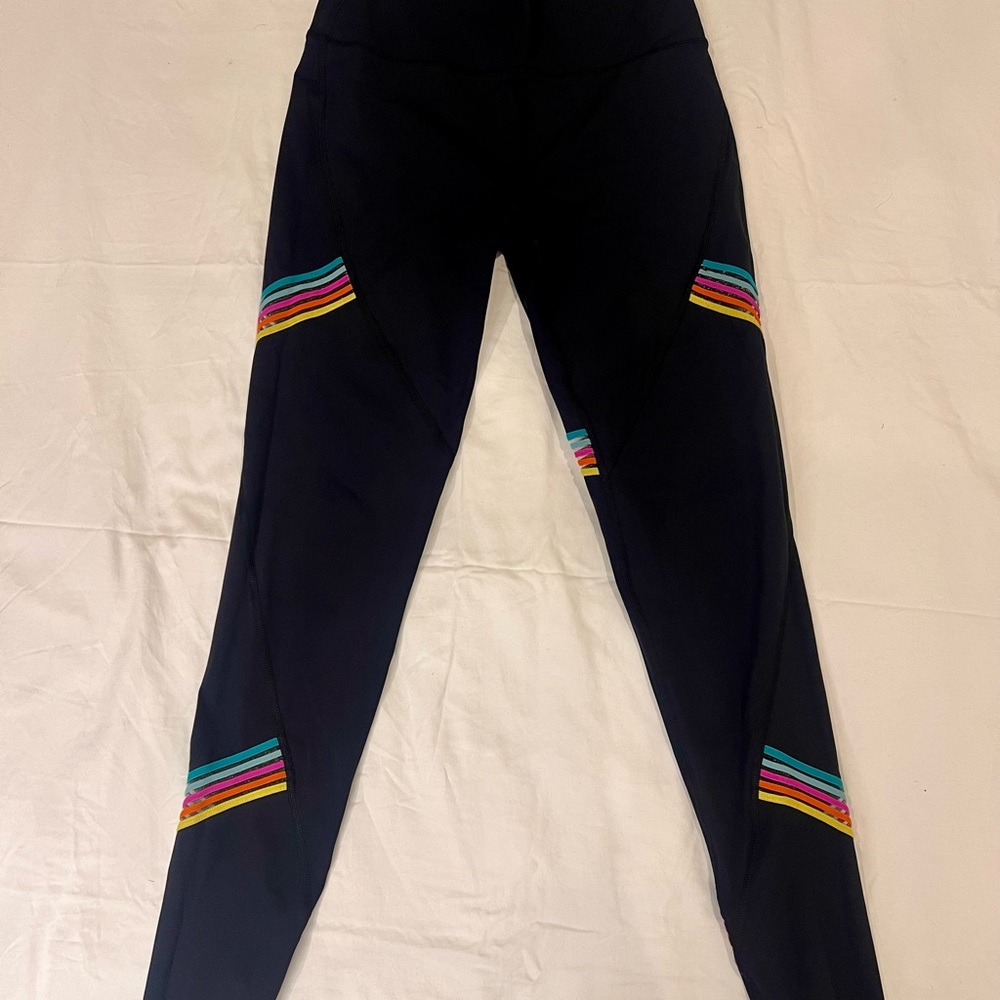 SoulCycle Black Leggings with Rainbow Stripes